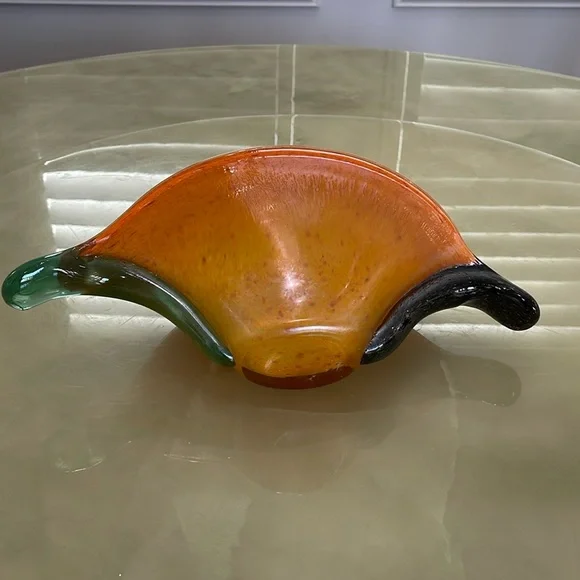 Handmade Blown Glass Vase Candy Bowl Orange Iridescent